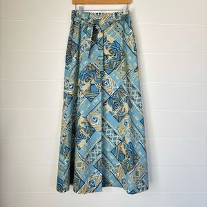 Vintage Kathleen Arnold Wrap Maxi Skirt Printed Animal Figures 70s Size Medium